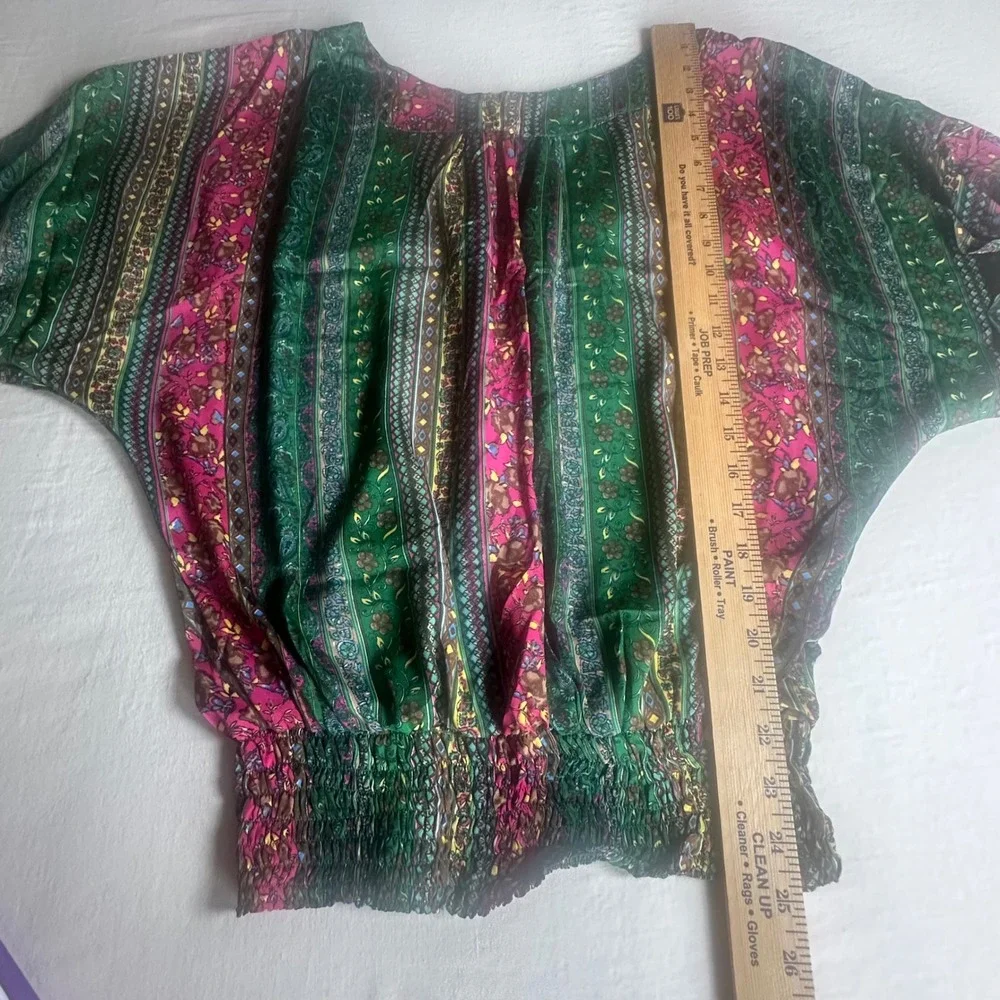 Karma Highway Women One Size Green Pink Paisley Viscose Smocked Waist Blouse Top